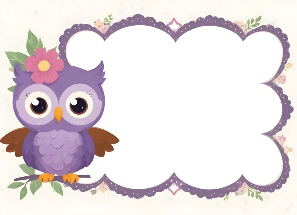 Digital Painting A Cute Purple Owl With Big Eyes And A Flower On Its Head Is Positioned On The Left Side Of A Blank Scalloped Frame The Owl Has A Polka Dotted Body And Brown Wings The Background Features A Subtle Flor 11 853e