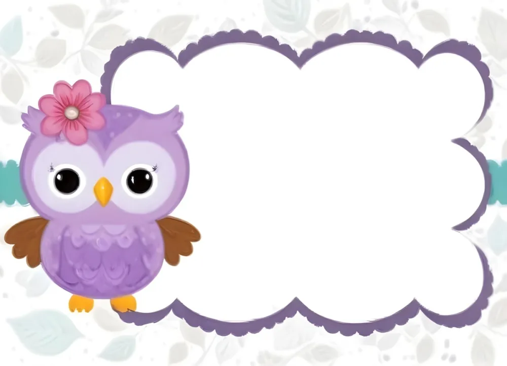 Digital Painting A Cute Purple Owl With Big Eyes And A Flower On Its Head Is Positioned On The Left Side Of A Blank Scalloped Frame The Owl Has A Polka Dotted Body And Brown Wings The Background Features A Subtle Flor 20 C6f3