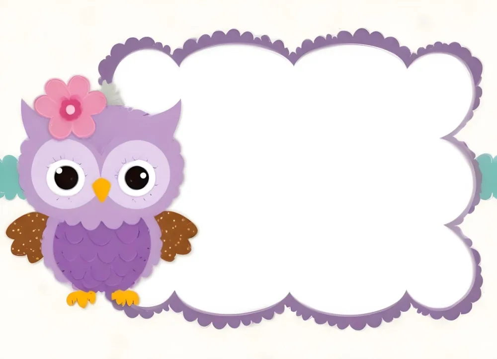 Digital Painting A Cute Purple Owl With Big Eyes And A Flower On Its Head Is Positioned On The Left Side Of A Blank Scalloped Frame The Owl Has A Polka Dotted Body And Brown Wings The Background Features A Subtle Flor 24 1c69