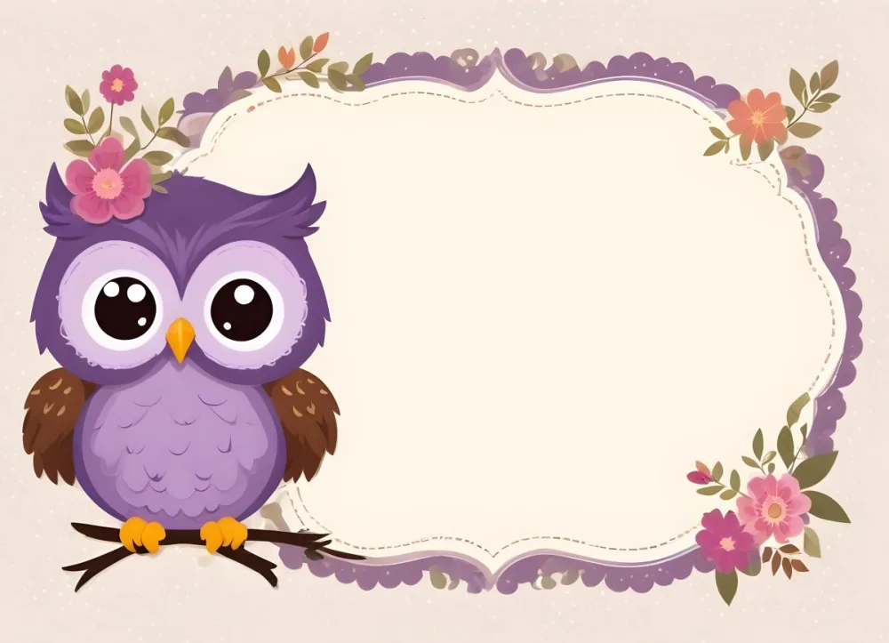 Digital Painting A Cute Purple Owl With Big Eyes And A Flower On Its Head Is Positioned On The Left Side Of A Blank Scalloped Frame The Owl Has A Polka Dotted Body And Brown Wings The Background Features A Subtle Flor 3 258c