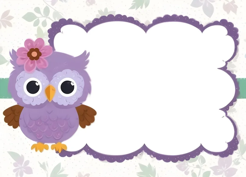 Digital Painting A Cute Purple Owl With Big Eyes And A Flower On Its Head Is Positioned On The Left Side Of A Blank Scalloped Frame The Owl Has A Polka Dotted Body And Brown Wings The Background Features A Subtle Flor 33 3a75