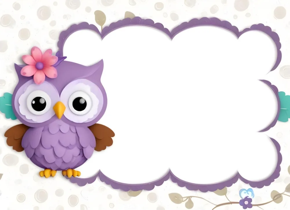 Digital Painting A Cute Purple Owl With Big Eyes And A Flower On Its Head Is Positioned On The Left Side Of A Blank Scalloped Frame The Owl Has A Polka Dotted Body And Brown Wings The Background Features A Subtle Flor 55 7ecb