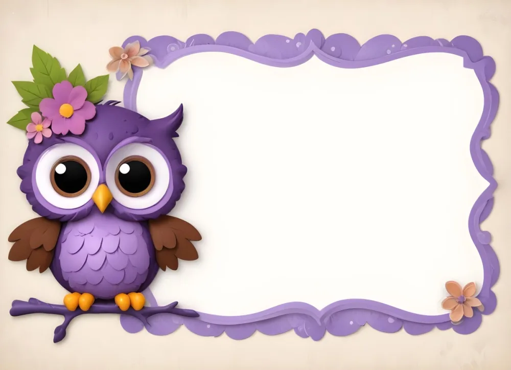Digital Painting A Cute Purple Owl With Big Eyes And A Flower On Its Head Is Positioned On The Left Side Of A Blank Scalloped Frame The Owl Has A Polka Dotted Body And Brown Wings The Background Features A Subtle Flor 59 C4bf