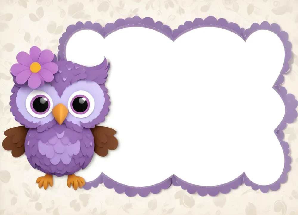 Digital Painting A Cute Purple Owl With Big Eyes And A Flower On Its Head Is Positioned On The Left Side Of A Blank Scalloped Frame The Owl Has A Polka Dotted Body And Brown Wings The Background Features A Subtle Flor 62 9362