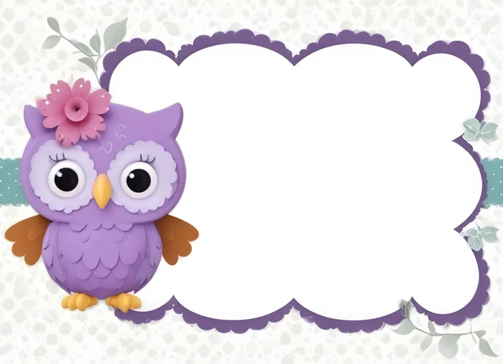Digital Painting A Cute Purple Owl With Big Eyes And A Flower On Its Head Is Positioned On The Left Side Of A Blank Scalloped Frame The Owl Has A Polka Dotted Body And Brown Wings The Background Features A Subtle Flor 64 Cd3e