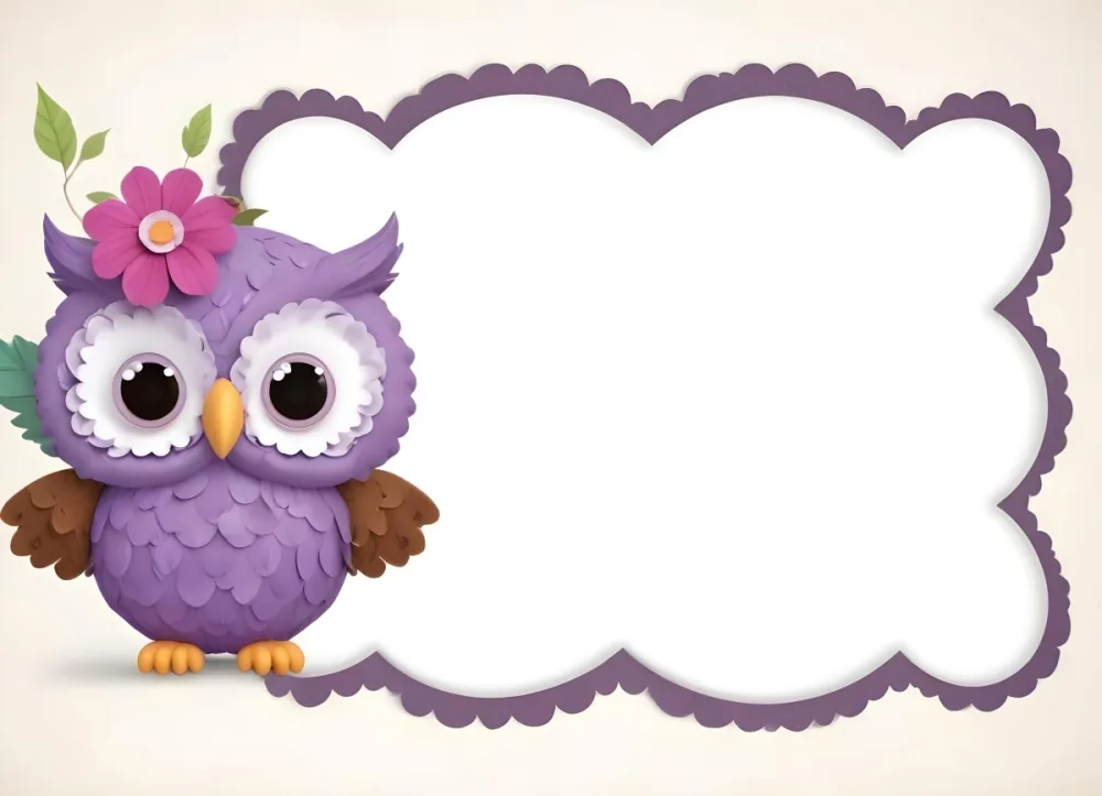 Digital Painting A Cute Purple Owl With Big Eyes And A Flower On Its Head Is Positioned On The Left Side Of A Blank Scalloped Frame The Owl Has A Polka Dotted Body And Brown Wings The Background Features A Subtle Flor 68 7200