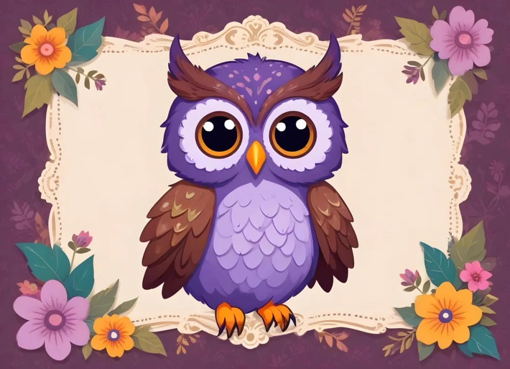 Digital Painting A Cute Purple Owl With Big Eyes And A Flower On Its Head Is Positioned On The Left Side Of A Blank Scalloped Frame The Owl Has A Polka Dotted Body And Brown Wings The Background Features A Subtle Flor 77 619b