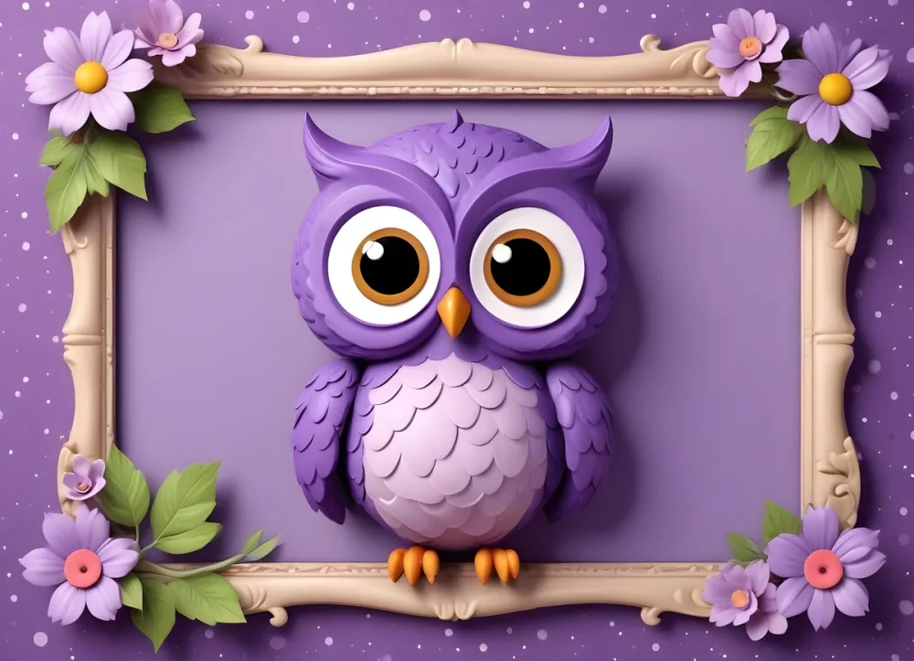 Digital Painting A Cute Purple Owl With Big Eyes And A Flower On Its Head Is Positioned On The Left Side Of A Blank Scalloped Frame The Owl Has A Polka Dotted Body And Brown Wings The Background Features A Subtle Flor 78 7cb4