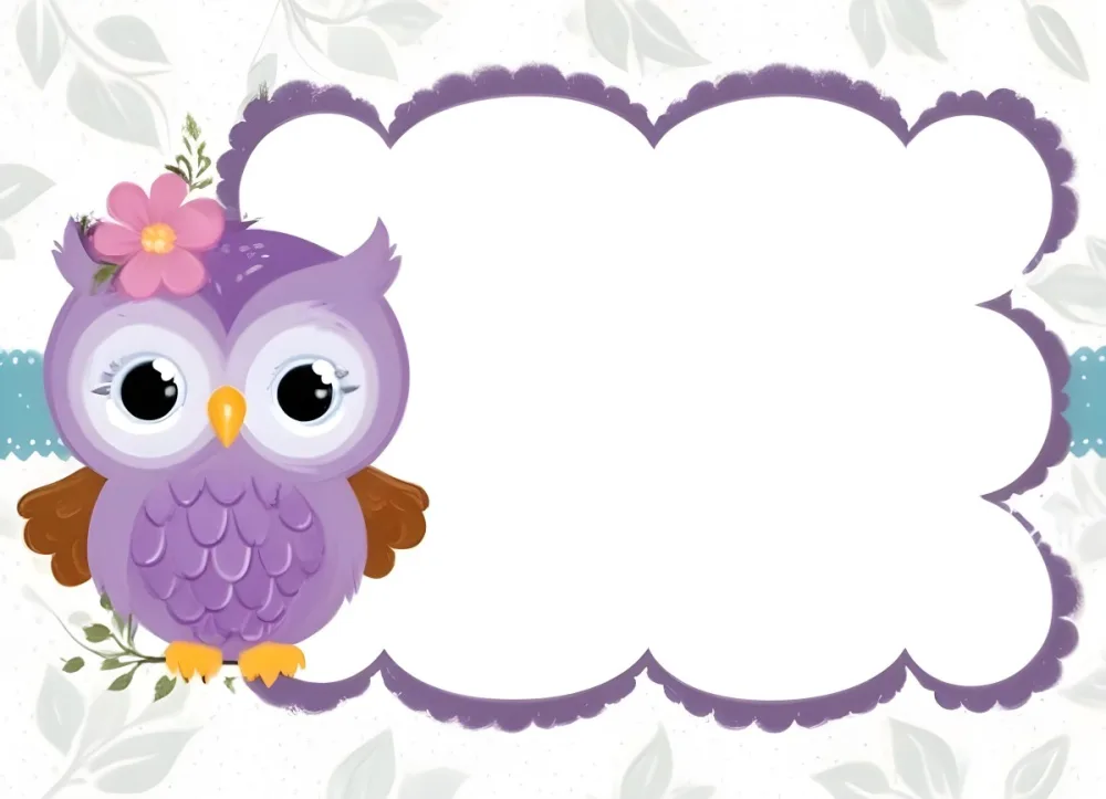 Digital Painting A Cute Purple Owl With Big Eyes And A Flower On Its Head Is Positioned On The Left Side Of A Blank Scalloped Frame The Owl Has A Polka Dotted Body And Brown Wings The Background Features A Subtle Flor 8 C67a