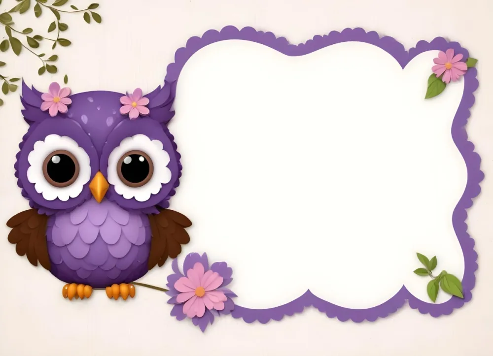 Digital Painting A Cute Purple Owl With Big Eyes And A Flower On Its Head Is Positioned On The Left Side Of A Blank Scalloped Frame The Owl Has A Polka Dotted Body And Brown Wings The Background Features A Subtle Flor 81 5853
