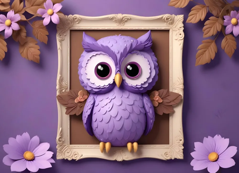 Digital Painting A Cute Purple Owl With Big Eyes And A Flower On Its Head Is Positioned On The Left Side Of A Blank Scalloped Frame The Owl Has A Polka Dotted Body And Brown Wings The Background Features A Subtle Flor 83 8d18