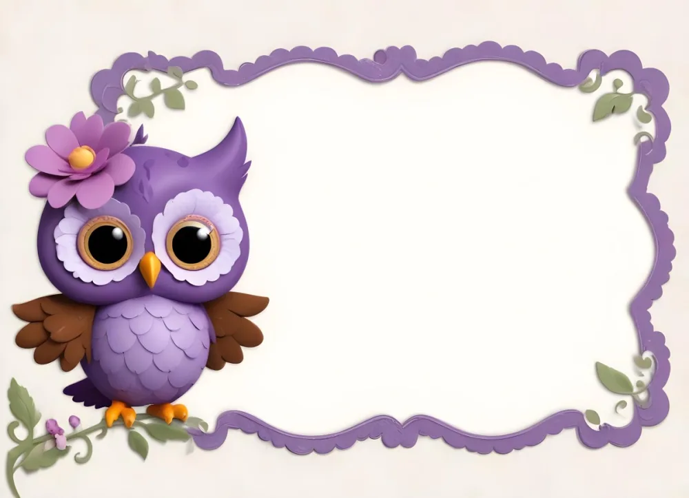 Digital Painting A Cute Purple Owl With Big Eyes And A Flower On Its Head Is Positioned On The Left Side Of A Blank Scalloped Frame The Owl Has A Polka Dotted Body And Brown Wings The Background Features A Subtle Flor 84 86e8