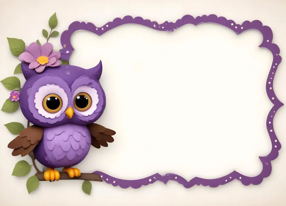 Digital Painting A Cute Purple Owl With Big Eyes And A Flower On Its Head Is Positioned On The Left Side Of A Blank Scalloped Frame The Owl Has A Polka Dotted Body And Brown Wings The Background Features A Subtle Flor 86 4d8b