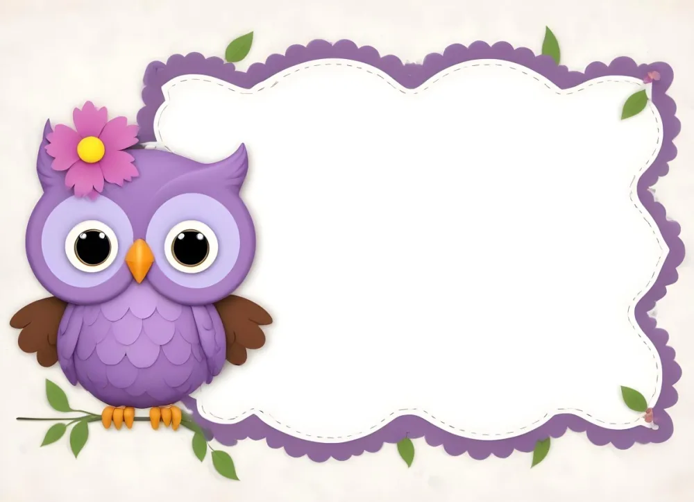 Digital Painting A Cute Purple Owl With Big Eyes And A Flower On Its Head Is Positioned On The Left Side Of A Blank Scalloped Frame The Owl Has A Polka Dotted Body And Brown Wings The Background Features A Subtle Flor 87 1460