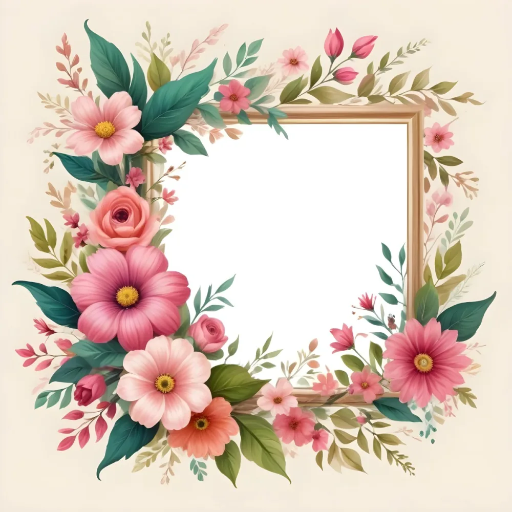 Digital Painting A Decorative Floral Frame Featuring Various Colorful Flowers Including Pink Blooms Along With Green Leaves And Delicate Swirls The Center Is A Blank Space Ideal For Adding Text Or Images Set Agains 22 8cb0