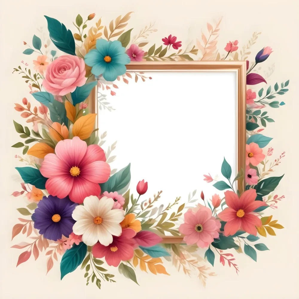 Digital Painting A Decorative Floral Frame Featuring Various Colorful Flowers Including Pink Blooms Along With Green Leaves And Delicate Swirls The Center Is A Blank Space Ideal For Adding Text Or Images Set Agains 3 5b0f