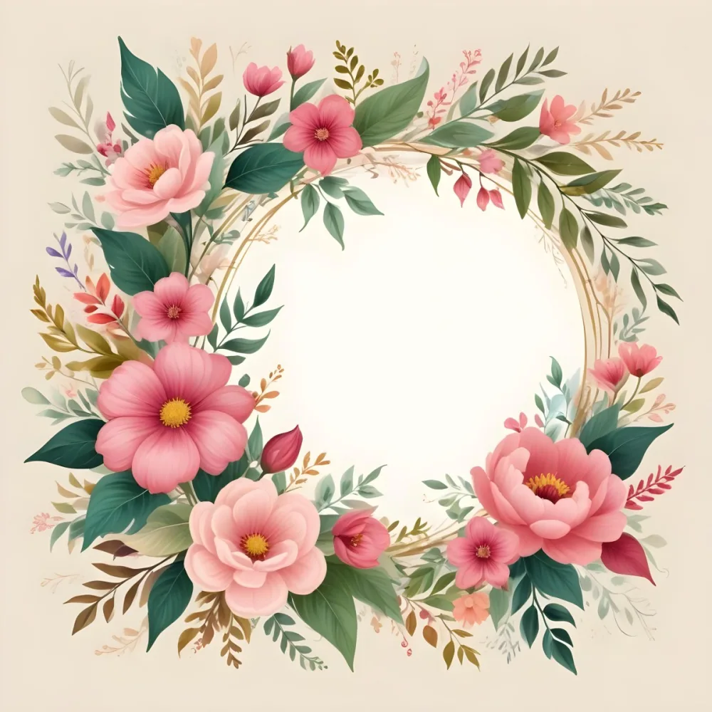 Digital Painting A Decorative Floral Frame Featuring Various Colorful Flowers Including Pink Blooms Along With Green Leaves And Delicate Swirls The Center Is A Blank Space Ideal For Adding Text Or Images Set Agains 42 748d