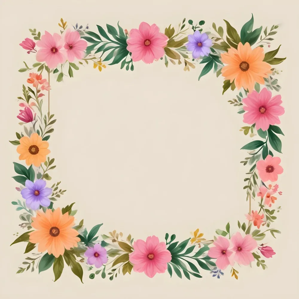 Digital Painting A Decorative Floral Frame Featuring Various Colorful Flowers Including Pink Blooms Along With Green Leaves And Delicate Swirls The Center Is A Blank Space Ideal For Adding Text Or Images Set Agains 43 6285