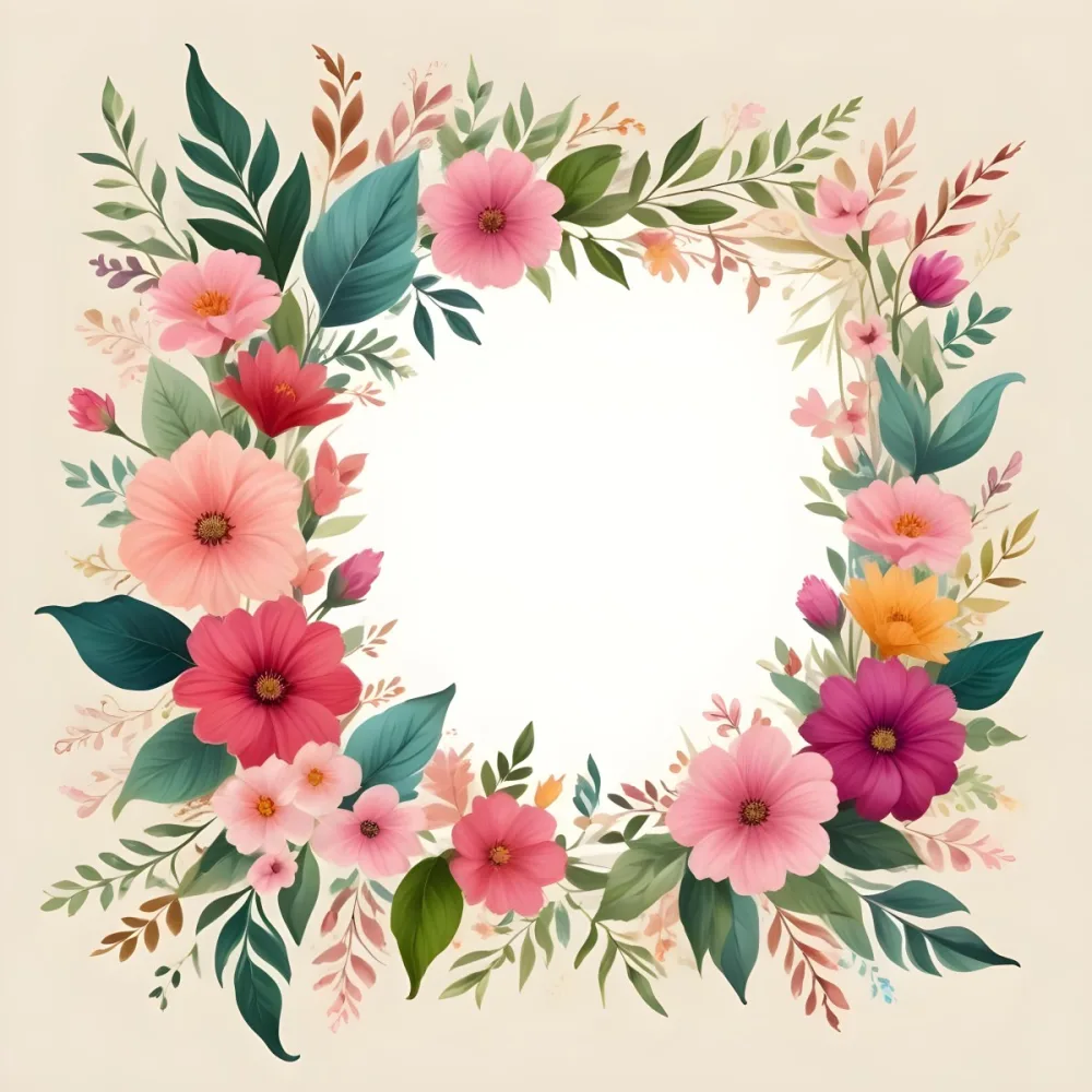 Digital Painting A Decorative Floral Frame Featuring Various Colorful Flowers Including Pink Blooms Along With Green Leaves And Delicate Swirls The Center Is A Blank Space Ideal For Adding Text Or Images Set Agains 45 888c