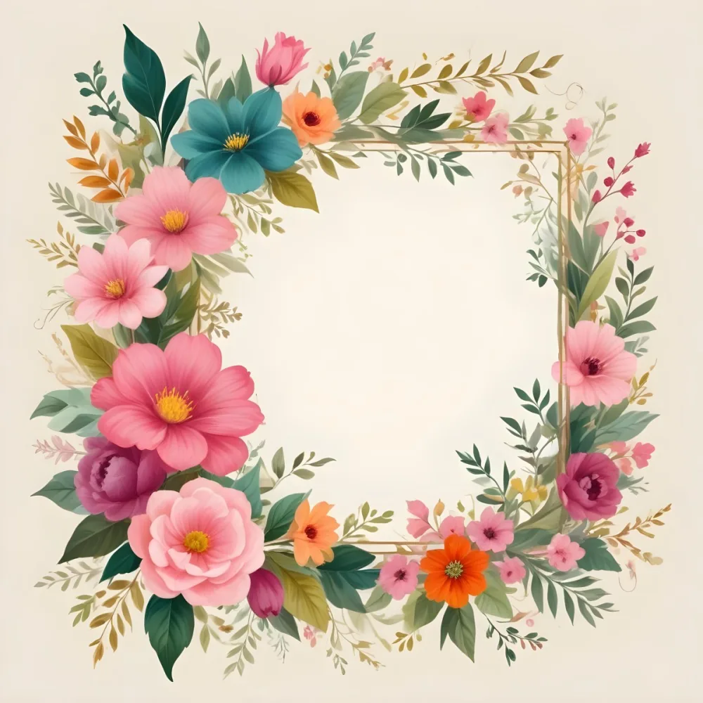 Digital Painting A Decorative Floral Frame Featuring Various Colorful Flowers Including Pink Blooms Along With Green Leaves And Delicate Swirls The Center Is A Blank Space Ideal For Adding Text Or Images Set Agains 47 Fe1b