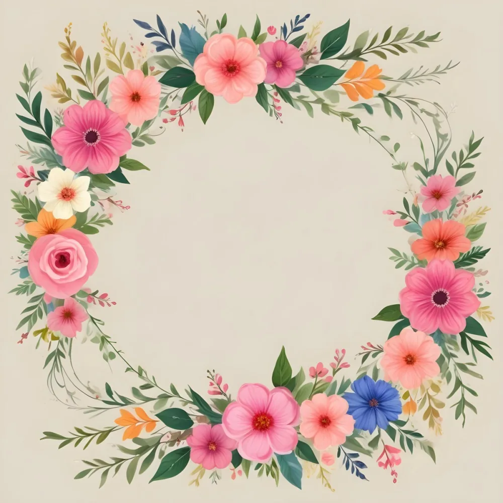 Digital Painting A Decorative Floral Frame Featuring Various Colorful Flowers Including Pink Blooms Along With Green Leaves And Delicate Swirls The Center Is A Blank Space Ideal For Adding Text Or Images Set Agains 48 E7f1
