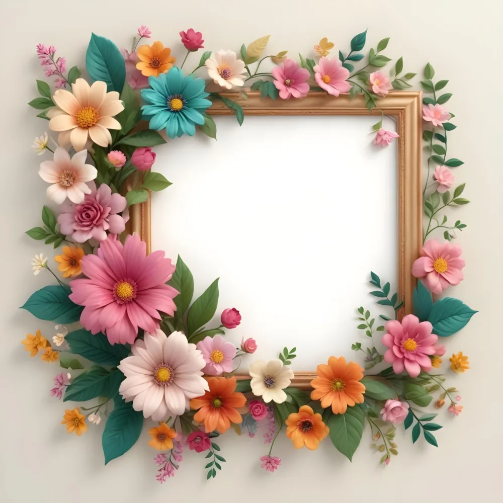 Digital Painting A Decorative Floral Frame Featuring Various Colorful Flowers Including Pink Blooms Along With Green Leaves And Delicate Swirls The Center Is A Blank Space Ideal For Adding Text Or Images Set Agains 8 67c6