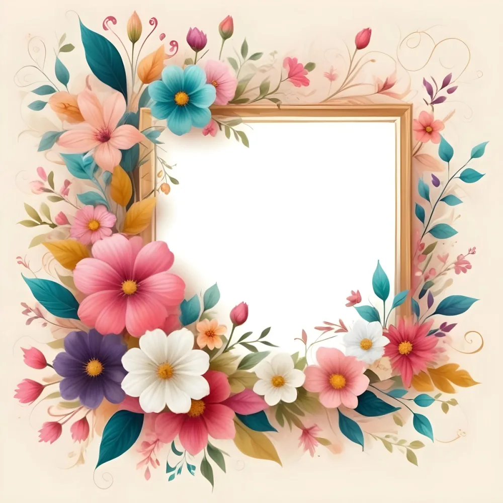 Digital Painting A Decorative Floral Frame Featuring Various Colorful Flowers Including Pink Blooms Along With Green Leaves And Delicate Swirls The Center Is A Blank Space Ideal For Adding Text Or Images Set Agains 9 F419