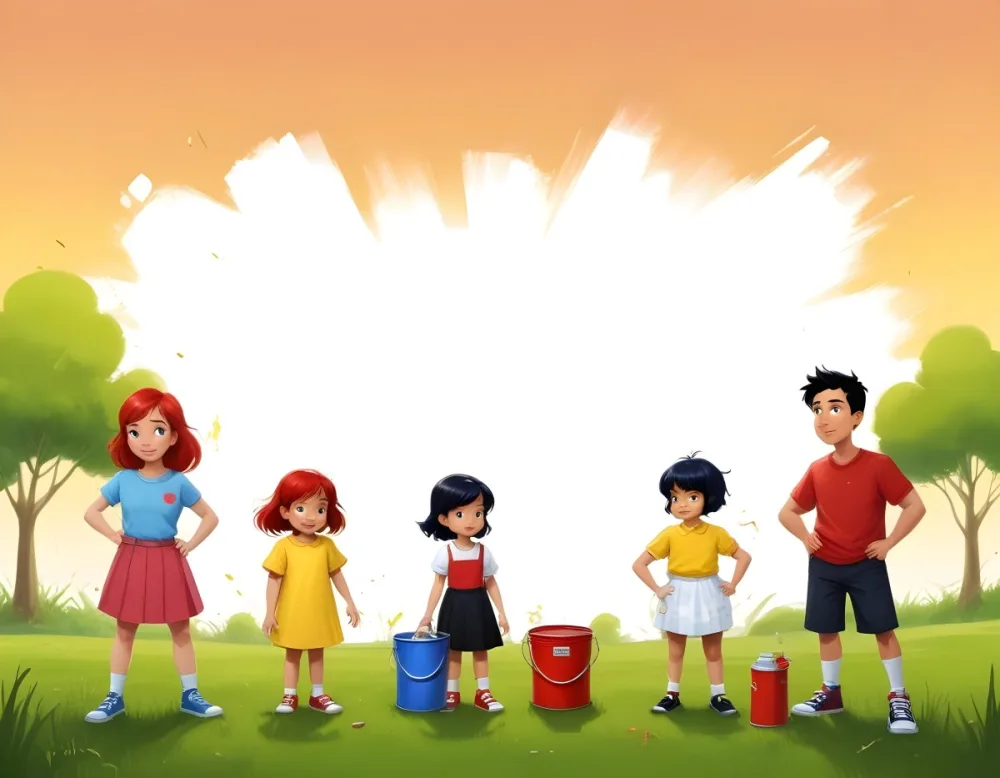 Digital Painting A Family Of Four Cartoon Characters Standing Together In A Grassy Area The Family Includes A Boy With Black Hair In A Yellow Top And Black Skirt A Young Girl With Red Hair In A Yellow Dress A Boy Wit 94 C61e