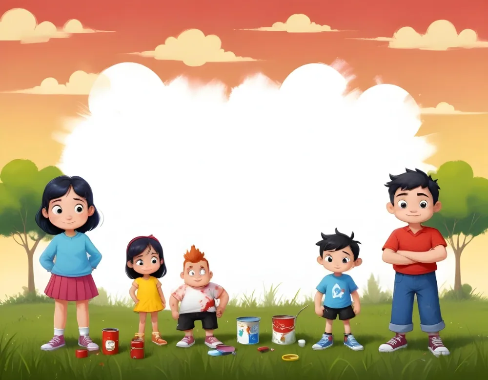 Digital Painting A Family Of Four Cartoon Characters Standing Together In A Grassy Area The Family Includes A Boy With Black Hair In A Yellow Top And Black Skirt A Young Girl With Red Hair In A Yellow Dress A Boy Wit 95 644f