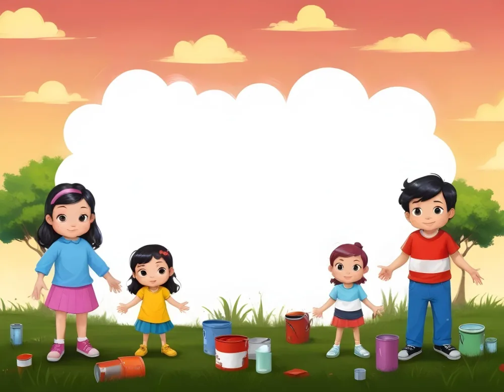 Digital Painting A Family Of Four Cartoon Characters Standing Together In A Grassy Area The Family Includes A Boy With Black Hair In A Yellow Top And Black Skirt A Young Girl With Red Hair In A Yellow Dress A Boy Wit 97 5a6e