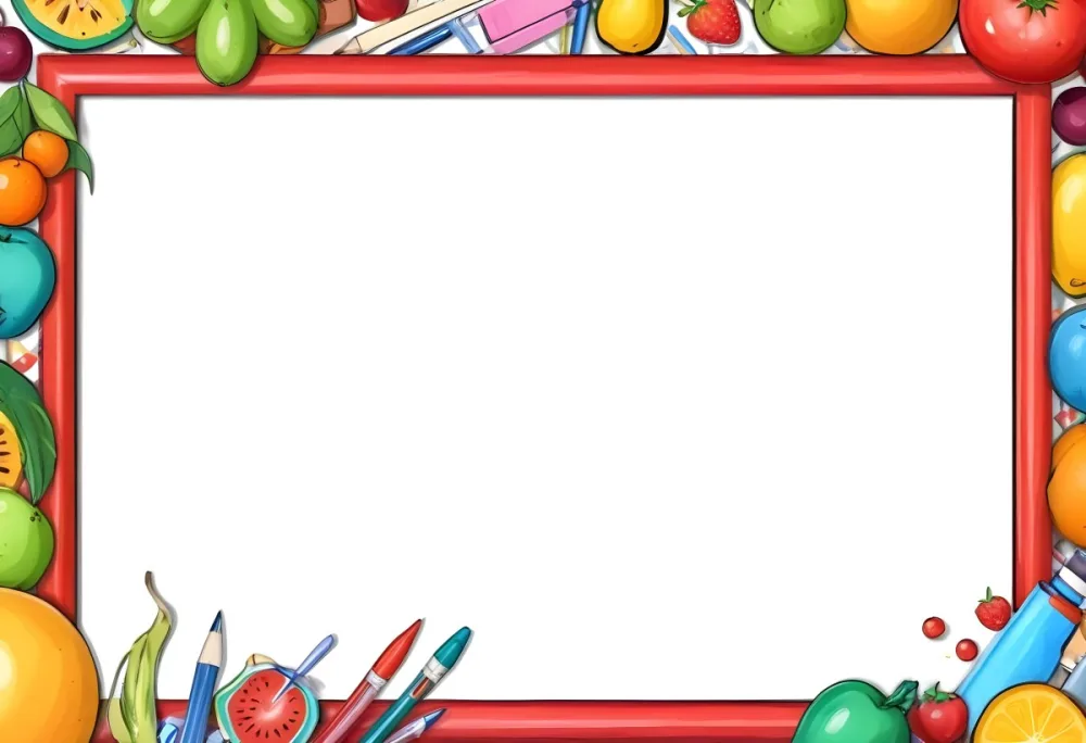 Digital Painting A Frame With Fruits And School Supplies On The Edges Bold And Slim Lines Brush Strokes 7 048f