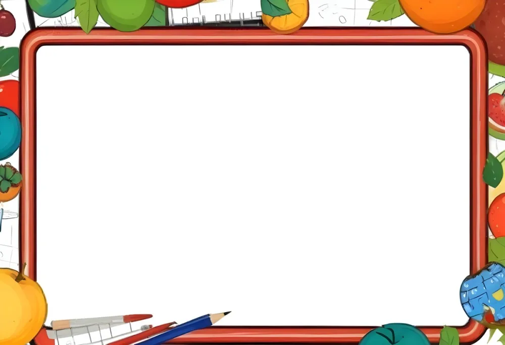 Digital Painting A Frame With Fruits And School Supplies On The Edges Bold And Slim Lines Brush Strokes 8 5c05
