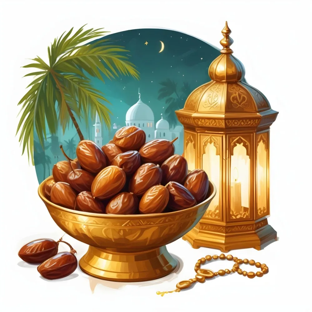 Digital Painting A Golden Bowl Full Of Dates A Golden Lantern A Palm Tree And A Rosary In A Mosque At Night Bold And Slim Lines Brush Strokes 7 F485
