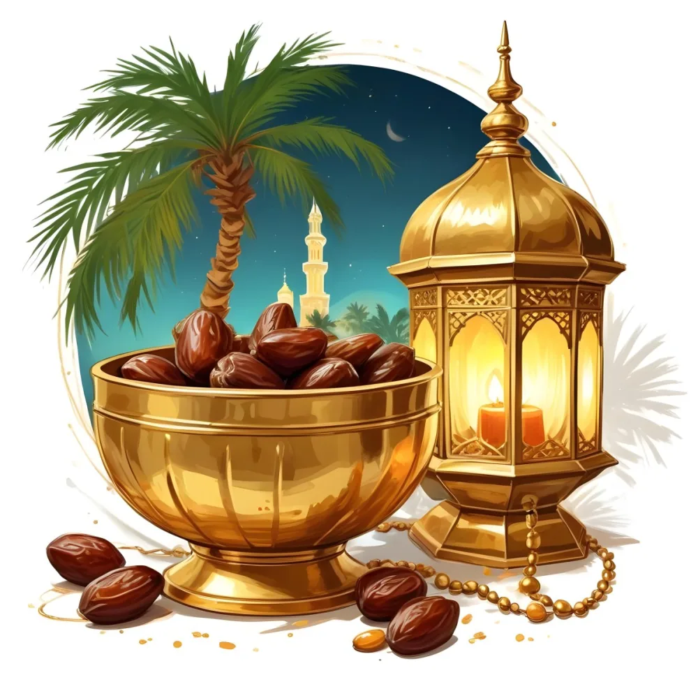 Digital Painting A Golden Bowl Full Of Dates A Golden Lantern A Palm Tree And A Rosary In A Mosque At Night Bold And Slim Lines Brush Strokes 8 812b