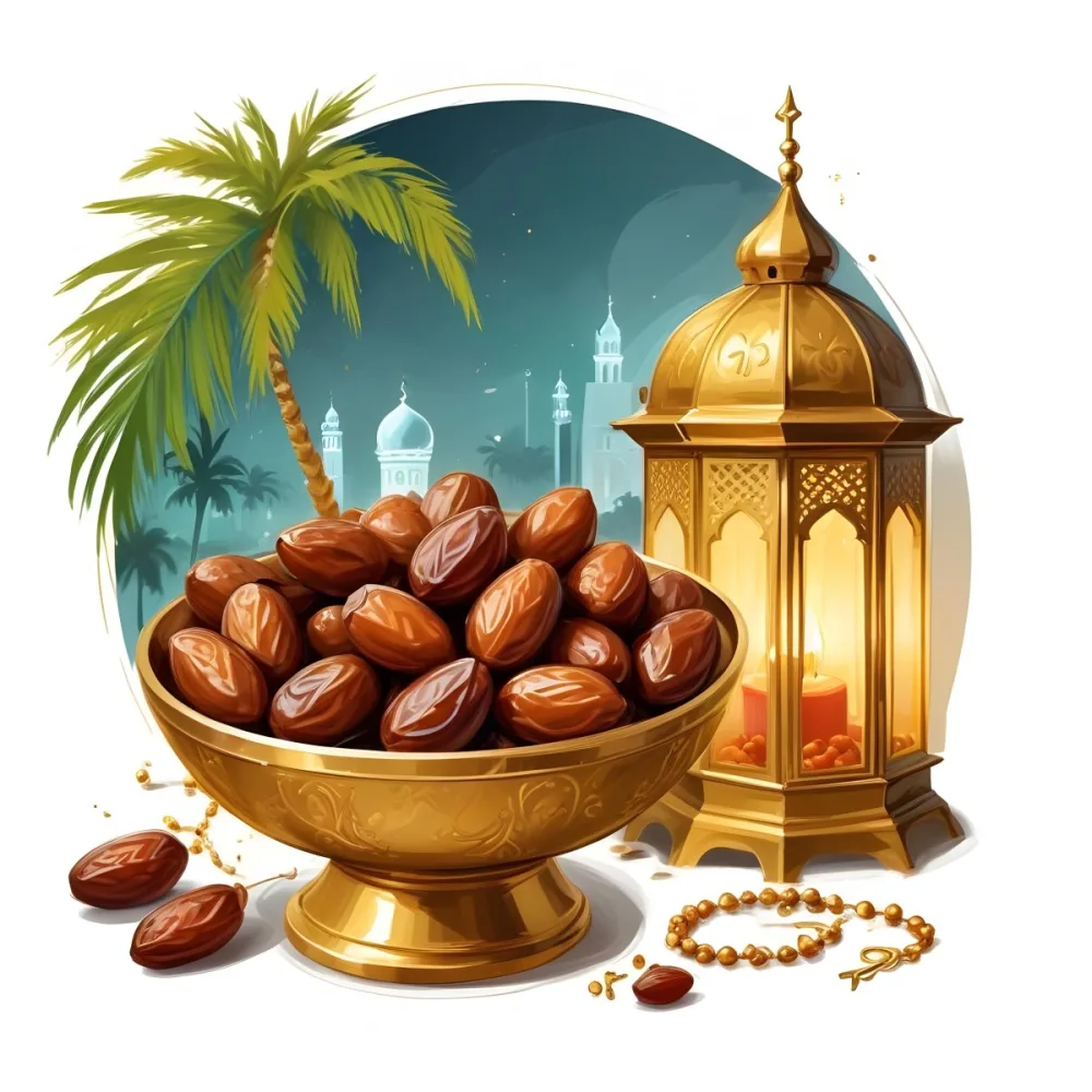 Digital Painting A Golden Bowl Full Of Dates A Golden Lantern A Palm Tree And A Rosary In A Mosque At Night Bold And Slim Lines Brush Strokes 9 2d18