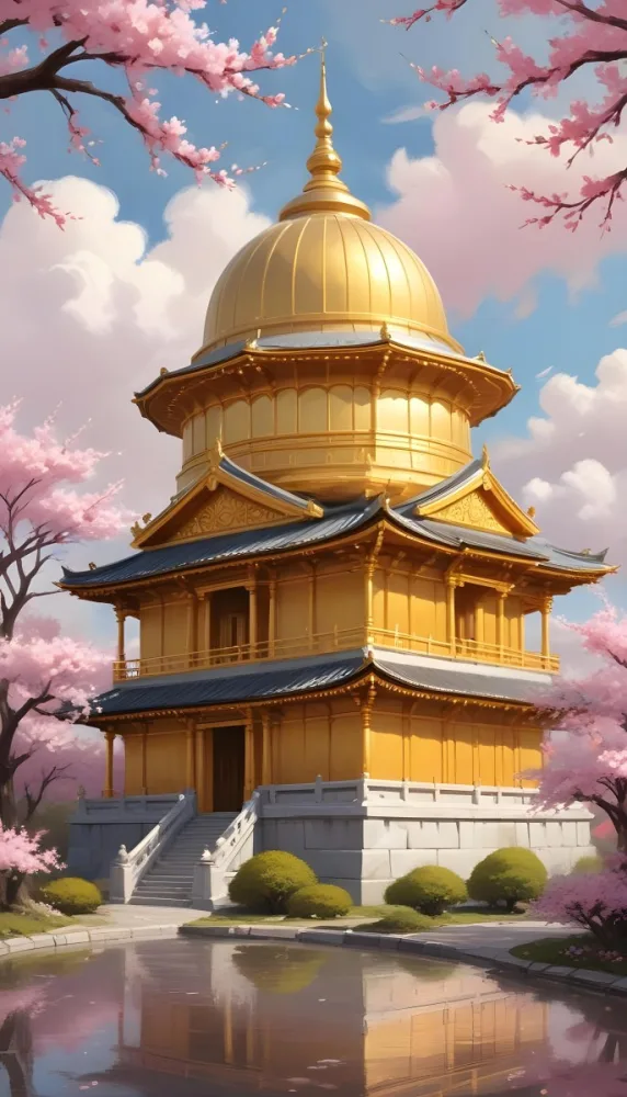 Digital Painting A Golden Domed Temple Or Palace With Intricate Architectural Details Surrounded By A Blooming Cherry Blossom Tree With Pink Flowers Against A Cloudy Sky Background Bold And Slim Lines Brush Strokes 12 4db0