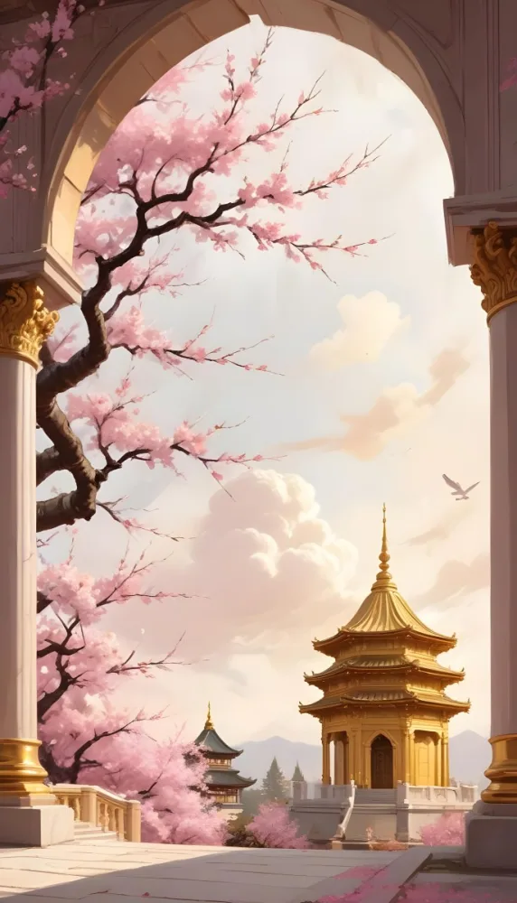 Digital Painting A Golden Domed Temple Or Palace With Intricate Architectural Details Surrounded By A Blooming Cherry Blossom Tree With Pink Flowers Against A Cloudy Sky Background Bold And Slim Lines Brush Strokes 17 7fb7