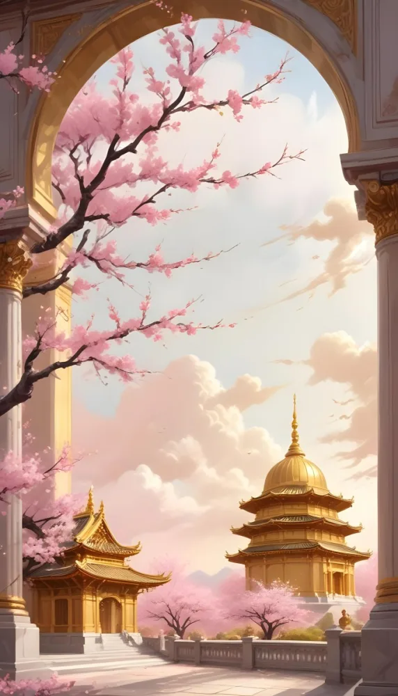 Digital Painting A Golden Domed Temple Or Palace With Intricate Architectural Details Surrounded By A Blooming Cherry Blossom Tree With Pink Flowers Against A Cloudy Sky Background Bold And Slim Lines Brush Strokes 21 D588
