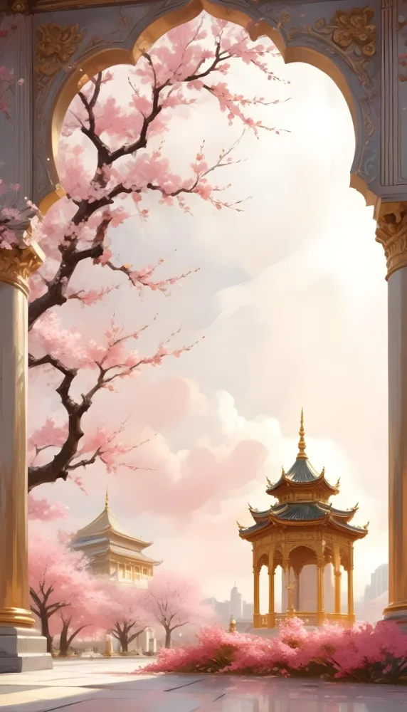 Digital Painting A Golden Domed Temple Or Palace With Intricate Architectural Details Surrounded By A Blooming Cherry Blossom Tree With Pink Flowers Against A Cloudy Sky Background Bold And Slim Lines Brush Strokes 30 5e07