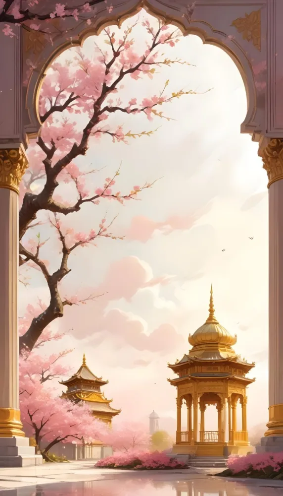 Digital Painting A Golden Domed Temple Or Palace With Intricate Architectural Details Surrounded By A Blooming Cherry Blossom Tree With Pink Flowers Against A Cloudy Sky Background Bold And Slim Lines Brush Strokes 31 Dde4