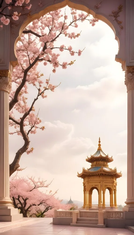 Digital Painting A Golden Domed Temple Or Palace With Intricate Architectural Details Surrounded By A Blooming Cherry Blossom Tree With Pink Flowers Against A Cloudy Sky Background Bold And Slim Lines Brush Strokes 33 9b38