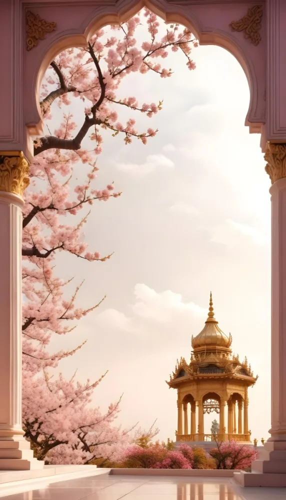 Digital Painting A Golden Domed Temple Or Palace With Intricate Architectural Details Surrounded By A Blooming Cherry Blossom Tree With Pink Flowers Against A Cloudy Sky Background Bold And Slim Lines Brush Strokes 35 3a4f