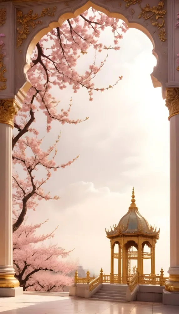 Digital Painting A Golden Domed Temple Or Palace With Intricate Architectural Details Surrounded By A Blooming Cherry Blossom Tree With Pink Flowers Against A Cloudy Sky Background Bold And Slim Lines Brush Strokes 36 47bf