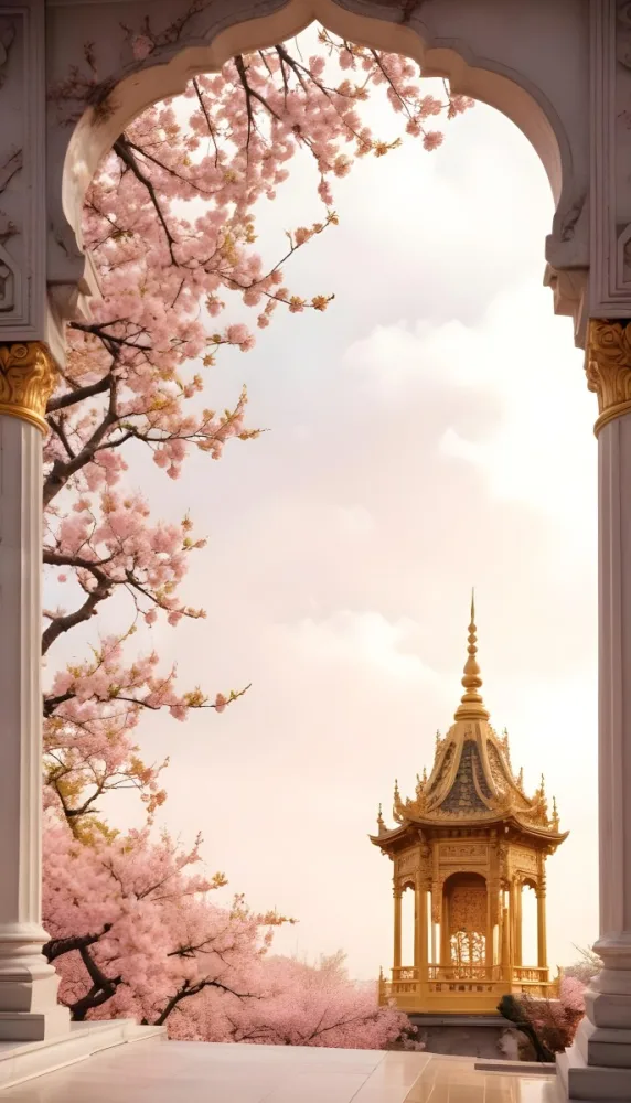 Digital Painting A Golden Domed Temple Or Palace With Intricate Architectural Details Surrounded By A Blooming Cherry Blossom Tree With Pink Flowers Against A Cloudy Sky Background Bold And Slim Lines Brush Strokes 37 B527