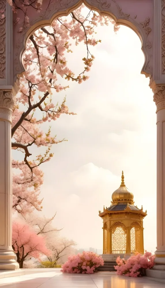 Digital Painting A Golden Domed Temple Or Palace With Intricate Architectural Details Surrounded By A Blooming Cherry Blossom Tree With Pink Flowers Against A Cloudy Sky Background Bold And Slim Lines Brush Strokes 38 6e45