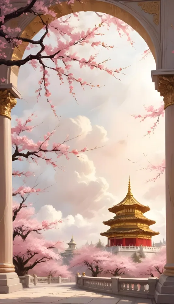 Digital Painting A Golden Domed Temple Or Palace With Intricate Architectural Details Surrounded By A Blooming Cherry Blossom Tree With Pink Flowers Against A Cloudy Sky Background Bold And Slim Lines Brush Strokes 8 Bcd0