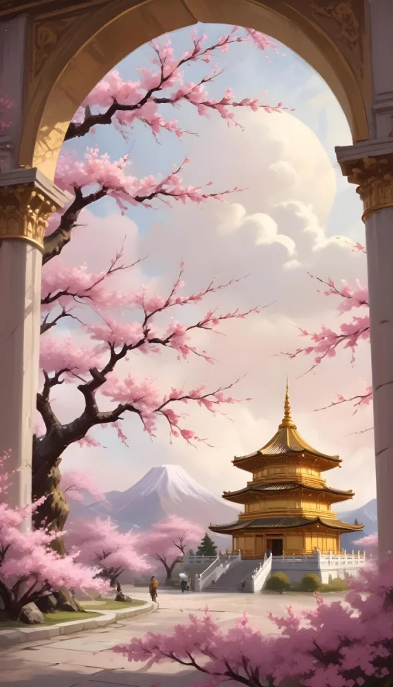 Digital Painting A Golden Domed Temple Or Palace With Intricate Architectural Details Surrounded By A Blooming Cherry Blossom Tree With Pink Flowers Against A Cloudy Sky Background Bold And Slim Lines Brush Strokes 9 5984