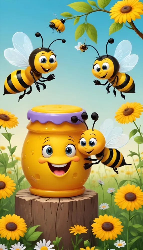Digital Painting A Honey Pot With A Face And Three Cartoon Bees In A Flower Field Bold And Slim Lines Brush Strokes 2 B9b3