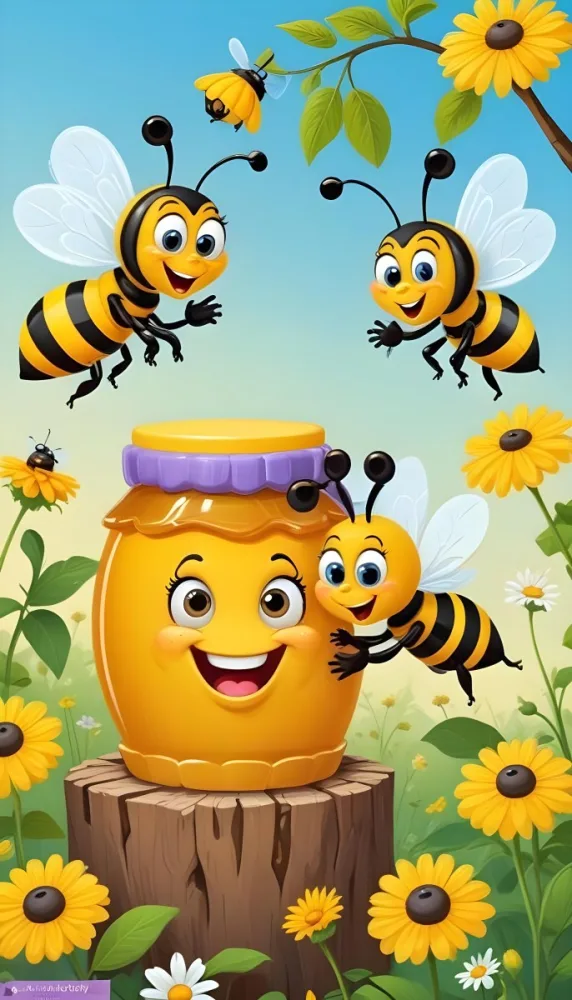 Digital Painting A Honey Pot With A Face And Three Cartoon Bees In A Flower Field Bold And Slim Lines Brush Strokes 3 Cdc8