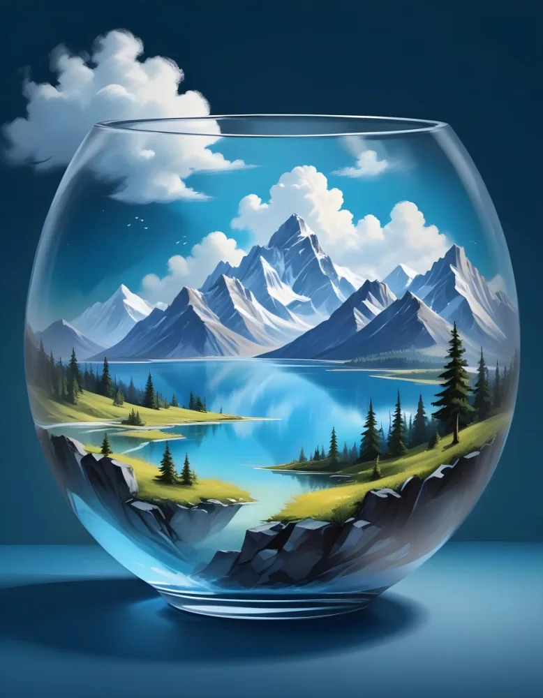 Digital Painting A Landscape With Mountains And A Lake Inside A Glass Bowl Clouds On Top Of The Bowl Blue Background Bold And Slim Lines Brush Strokes 5 9e92